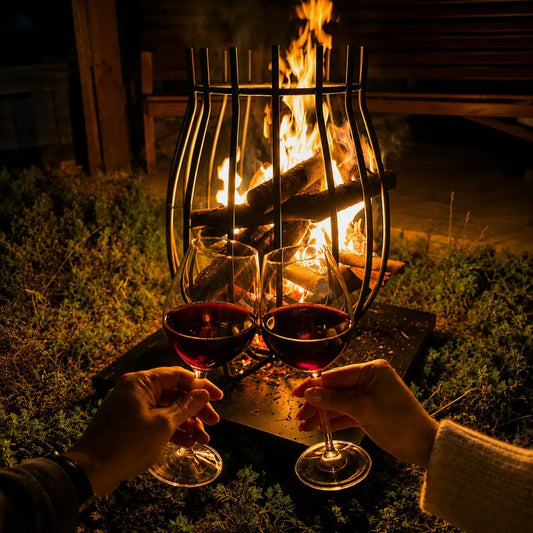 Quemador Copa Grande encendido de noche, con dos copas de vino brindando adelante