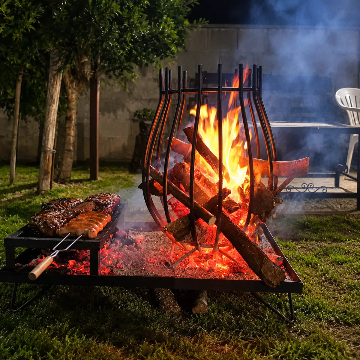 Quemador Copa Chico con Base XL y parrilla, con leña encendida y carne a la brasa en el jardín