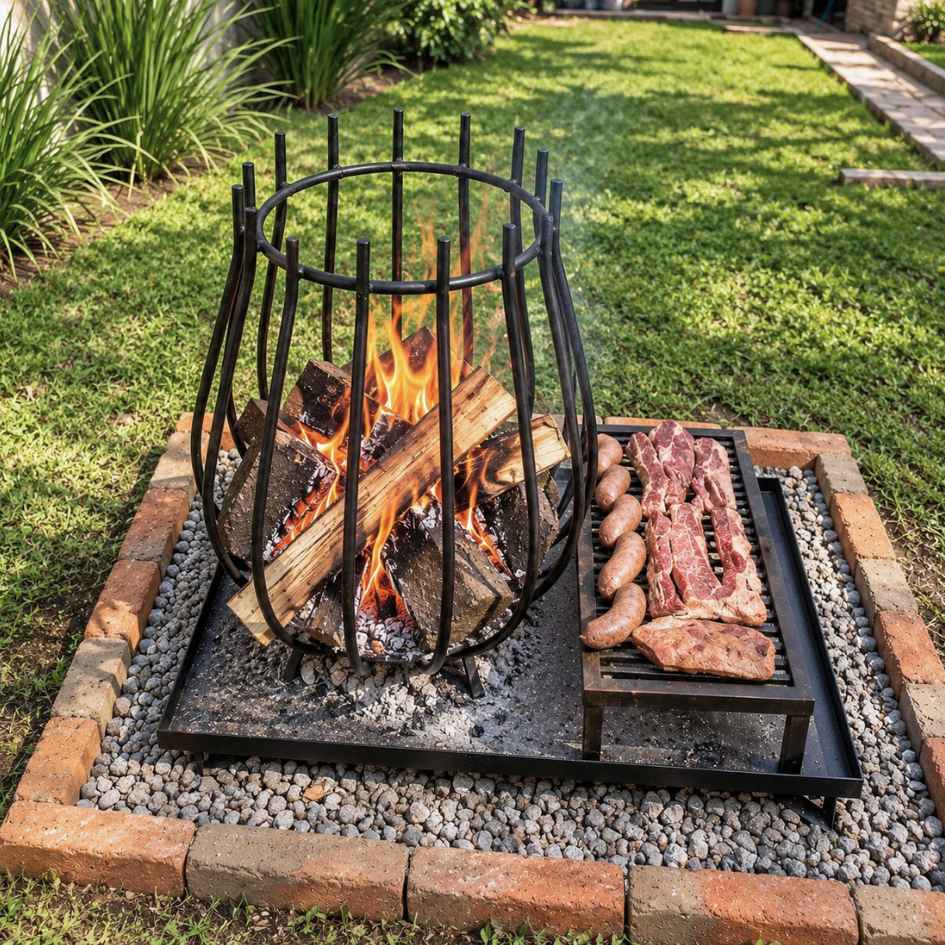 Quemador Copa Grande con Base XL en un cantero de piedras, con leña encendida y asado en la parrilla