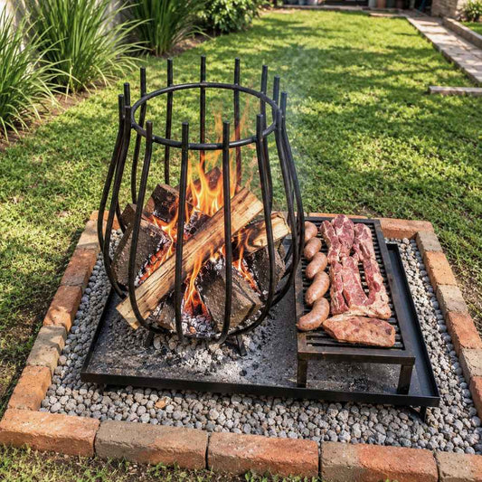 Quemador Copa Grande con Base XL en un cantero de piedras, con leña encendida y asado en la parrilla