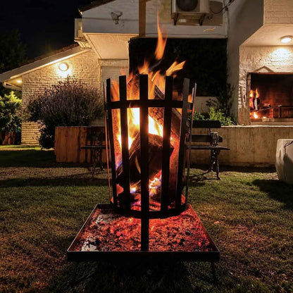 Quemador Industrial encendido de noche en el jardín de una casa, con la leña ardiendo