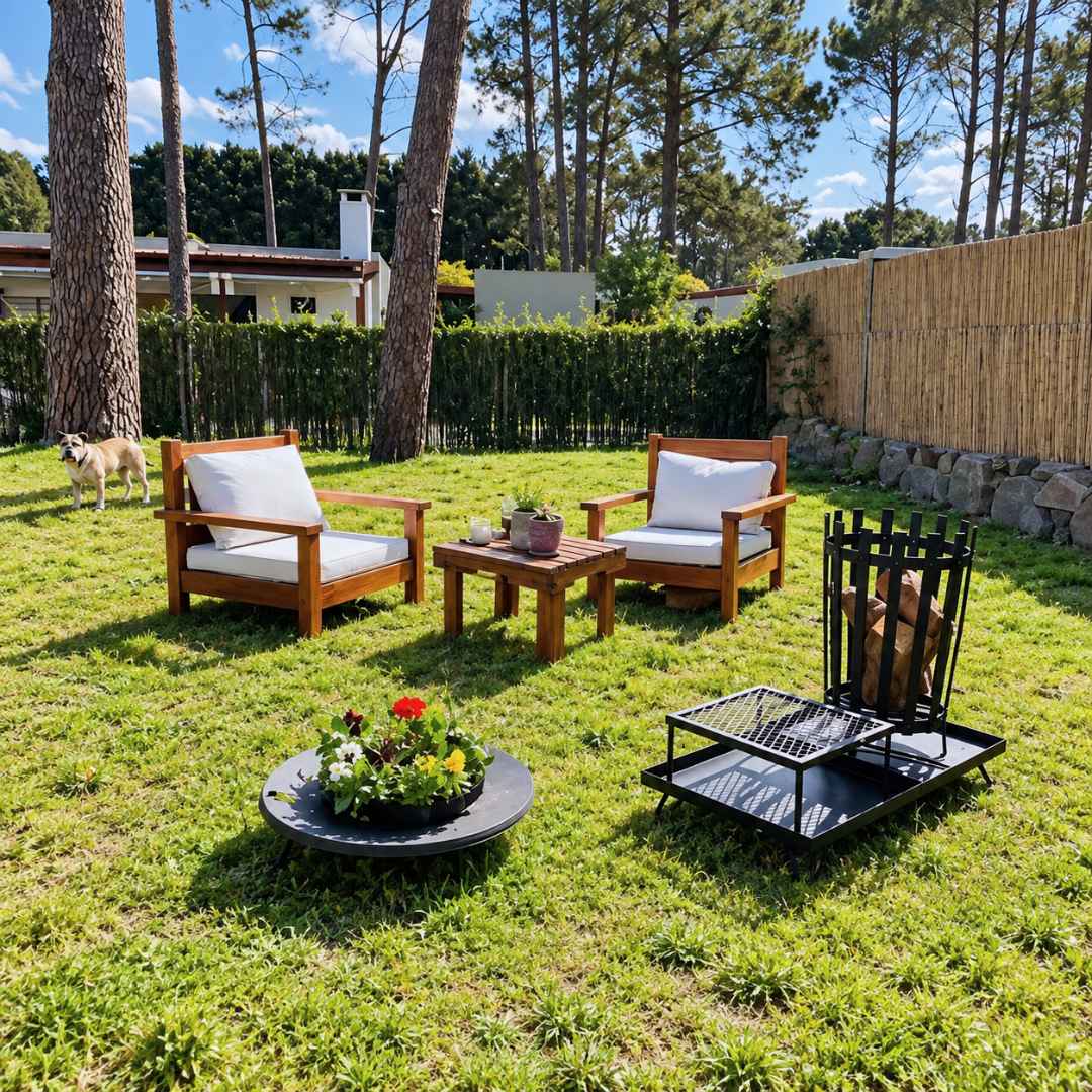 Quemador Industrial con Base XL en un jardín amplio, junto a sillones de madera y una mesa baja