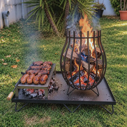 Quemador Copa Chico con Base XL encendido, con chorizos y carne asándose en la parrilla sobre el pasto