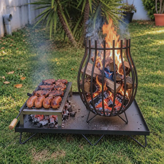 Quemador Copa Chico con Base XL encendido, con chorizos y carne asándose en la parrilla sobre el pasto