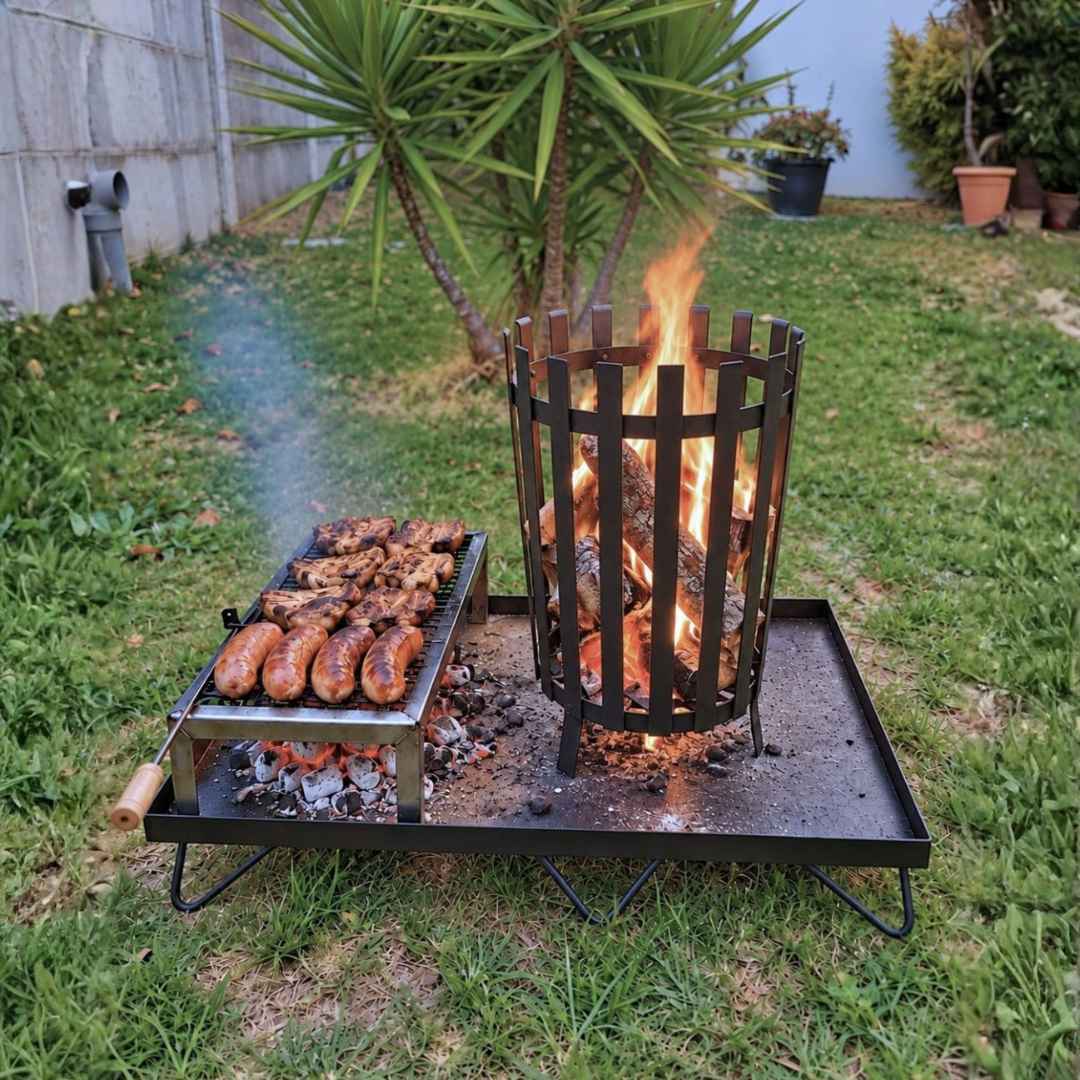 Quemador Industrial con Base XL encendido, con chorizos y carne asándose en la parrilla